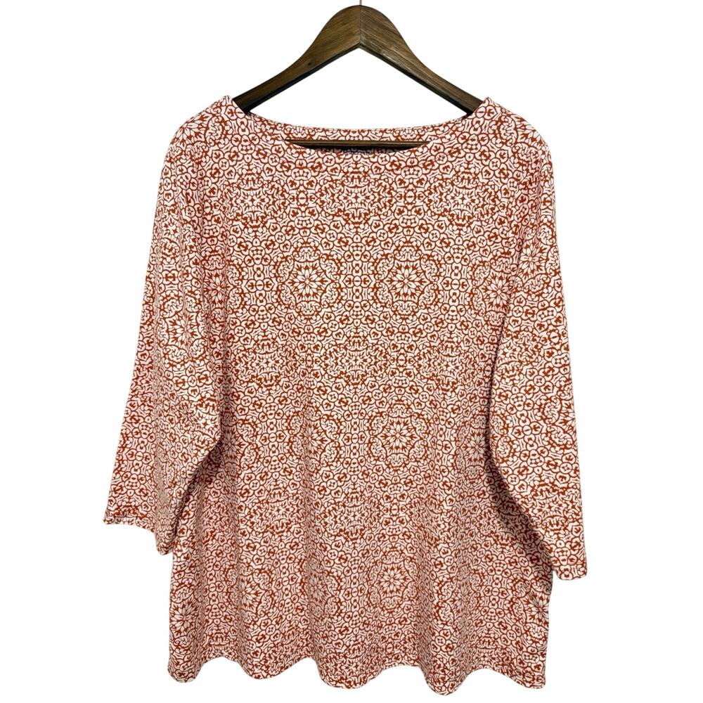 Croft & Barrow Womens 1X Orange White Print Cotton Tunic Top 3/4 Sleeve